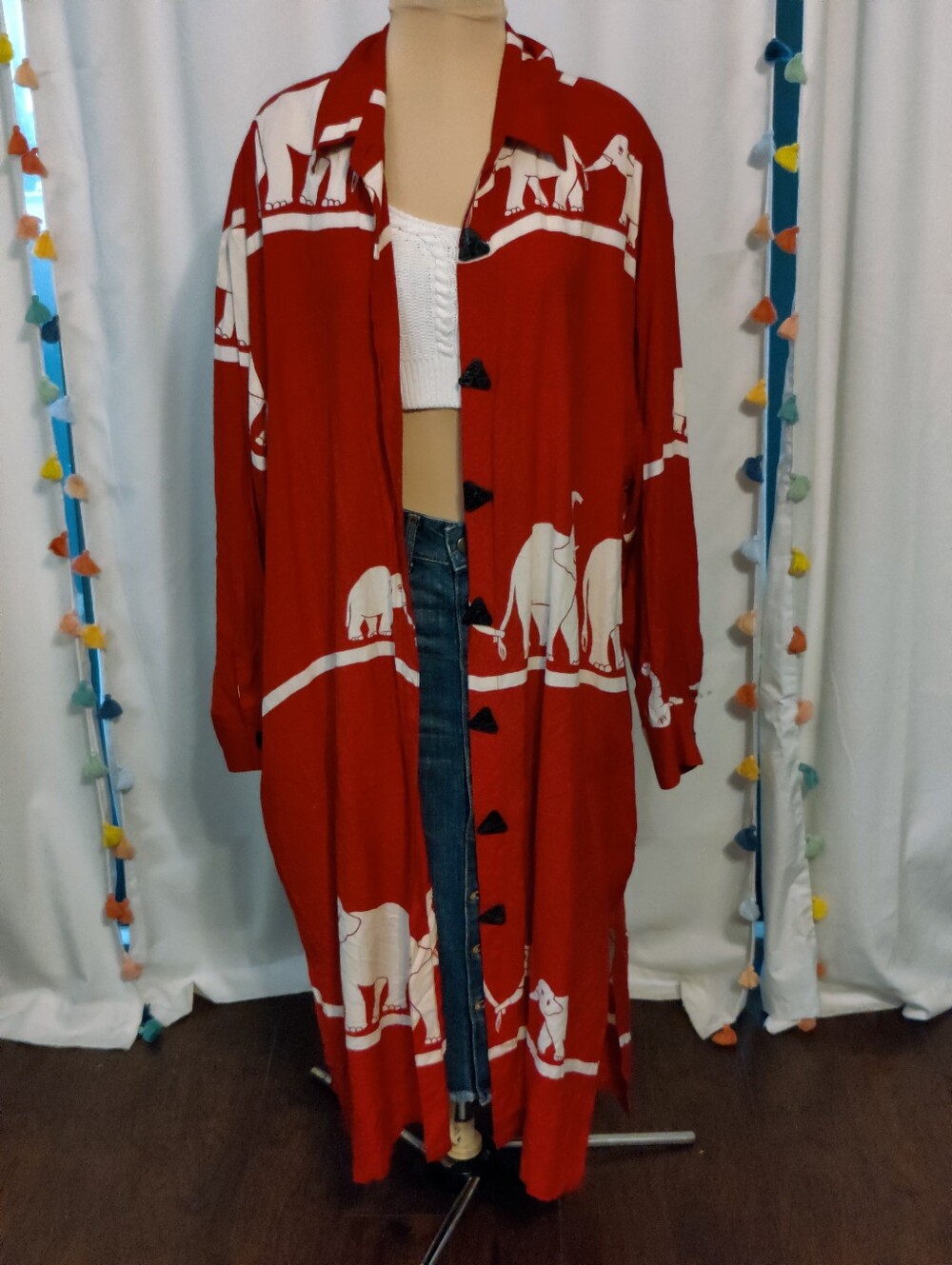 Pegasus brand Elephant Walk red & white Maxi Length Duster Jacket Dress Boho 0S